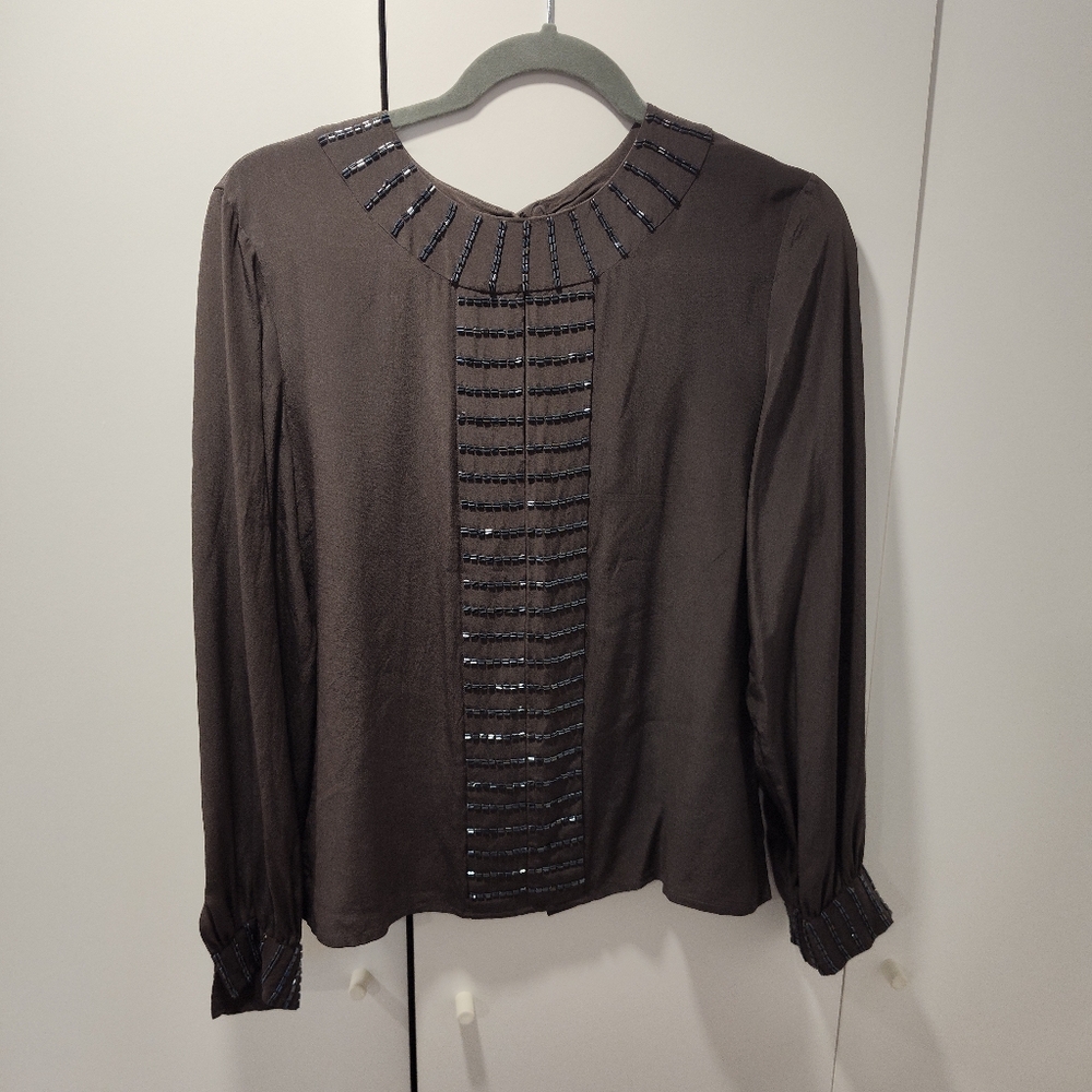 Elegant Silk Keyhole Blouse with Beading by Oleg Cassini